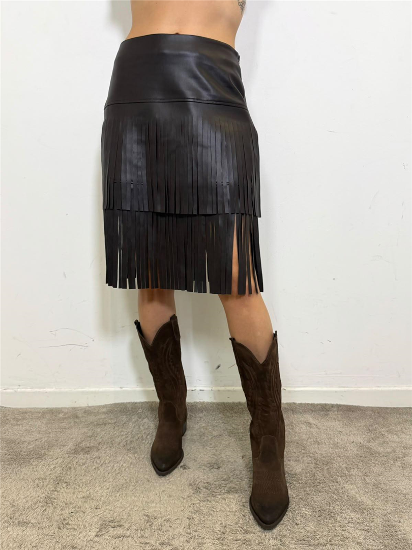Gonna Corta Con Frange Ecopelle - Vicolo cod. TAC1344  color:moro