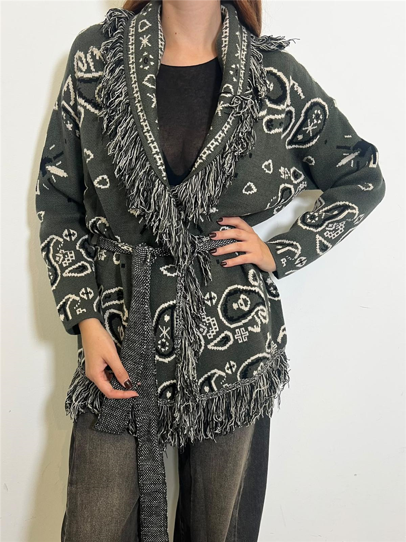 Cardigan Con Cintura Fantasia Bandana - Souvenir cod. D40V0777  color:kaki