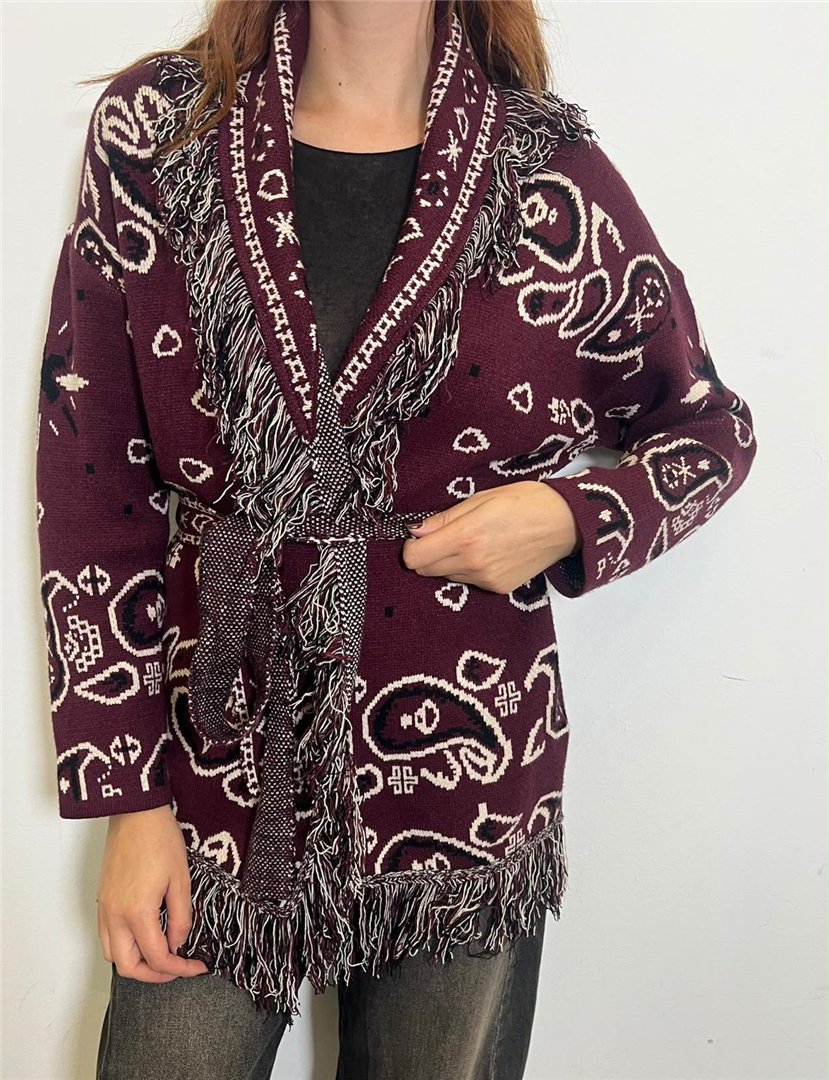 Cardigan Con Cintura Fantasia Bandana - Souvenir cod. D40V0777  color:bordeaux