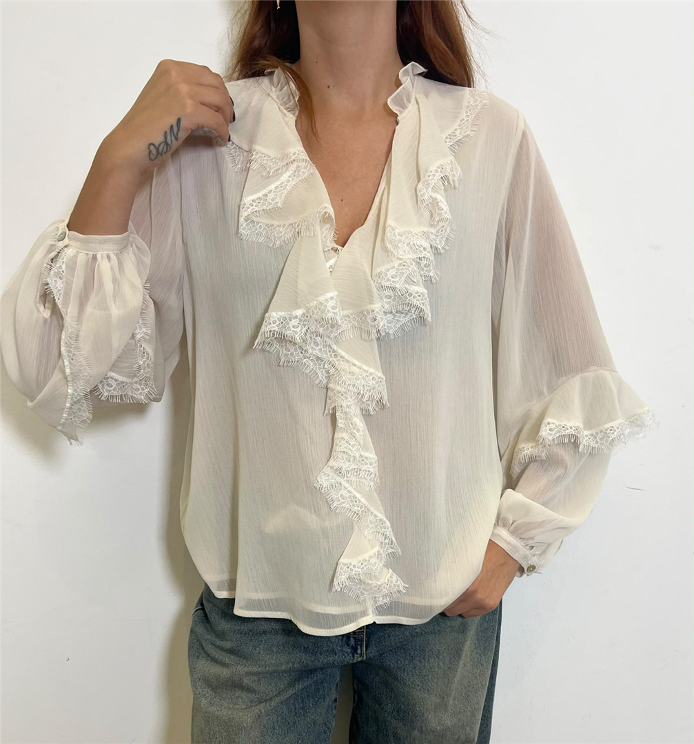 Blusa Con Rouches E Dettagli Ricami - Philia Loft cod. A03N0722  color:latte