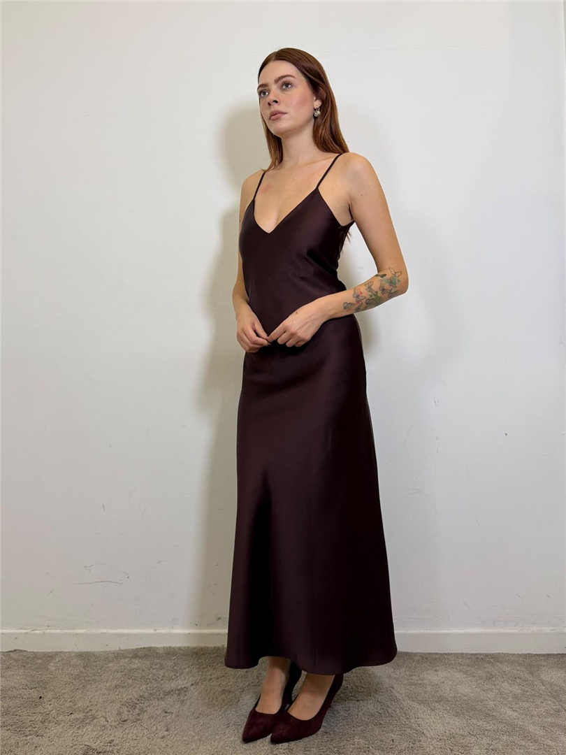 Abito Lungo Spalline Sottili Scollo A V - Imperial cod. AGHEMBA  color:plum noir