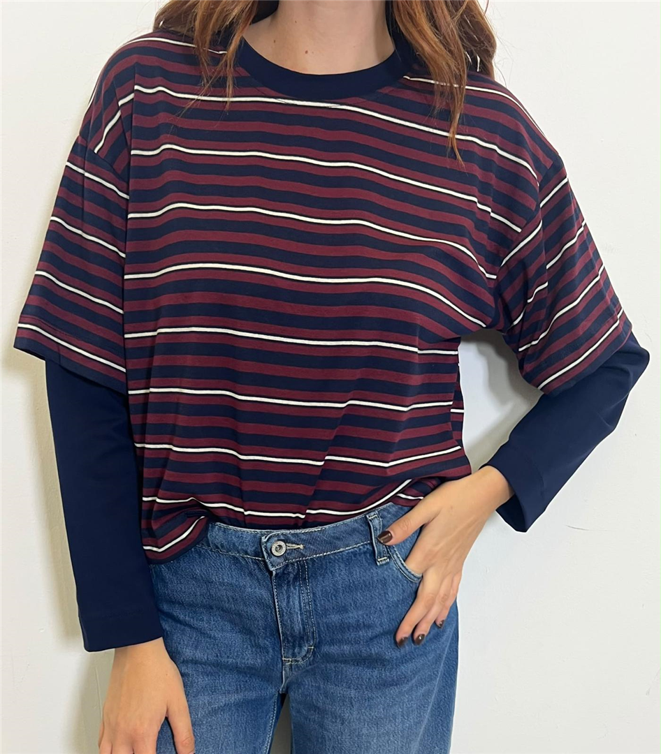 T Shirt Rigata Con Manica Contrasto - Haveone cod. TXT_R033  color:blu/blu/bordeaux/panna