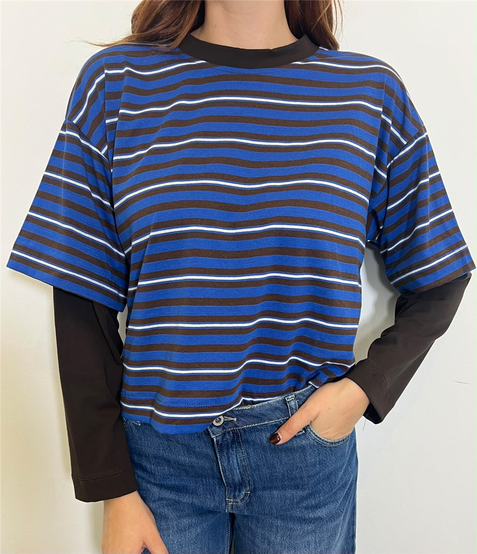 T Shirt Rigata Con Manica Contrasto - Haveone cod. TXT_R033  color:moro/moro/royal/panna