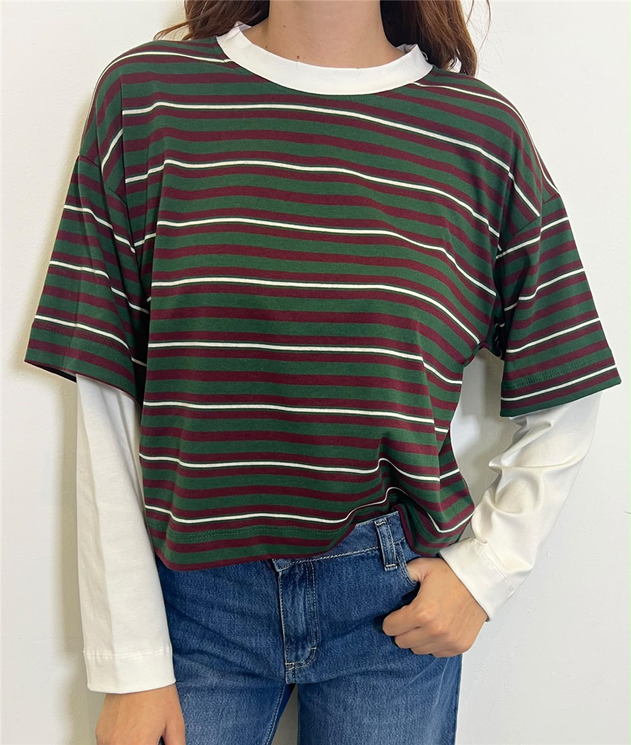 T Shirt Rigata Con Manica Contrasto - Haveone cod. TXT_R033  color:bordeaux/verde/bordeau/panna