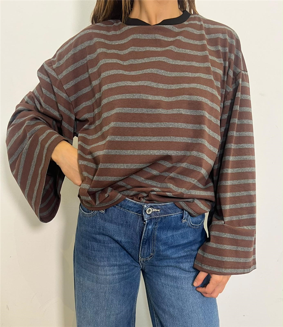 Tshirt A Righe Manica Ampia - Philia Loft cod. D03N0621  color:moro
