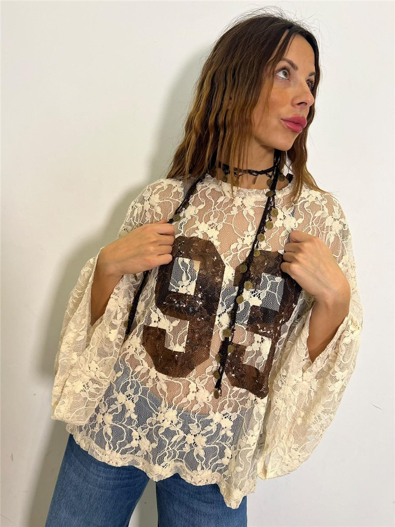 Maglia In Pizzo Manica Ampia Con Dettaglio Collana - Souvenir cod. S40M1151  color:burro
