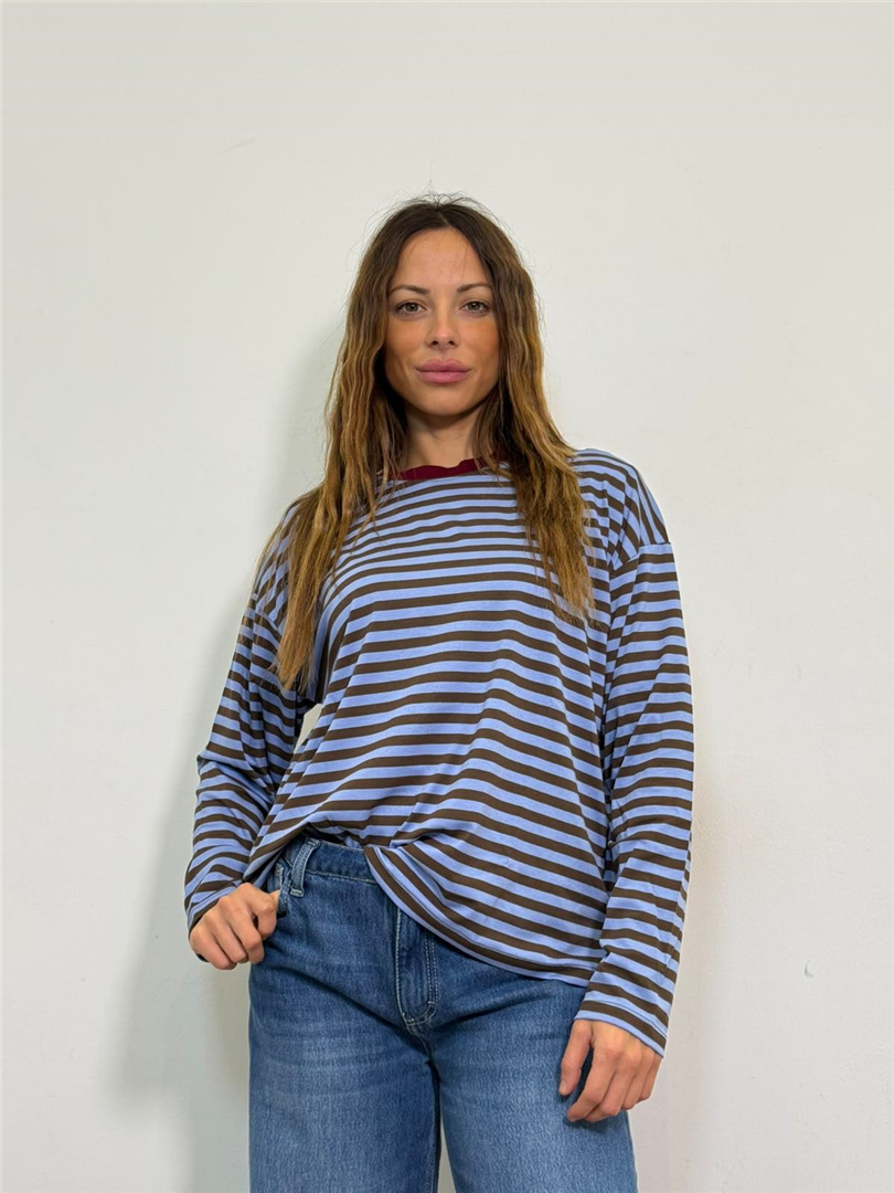 Maglia Scatola Collo Contrasto Rigata - Haveone cod. MXT_R198  color:bordeaux/azzurro/moro