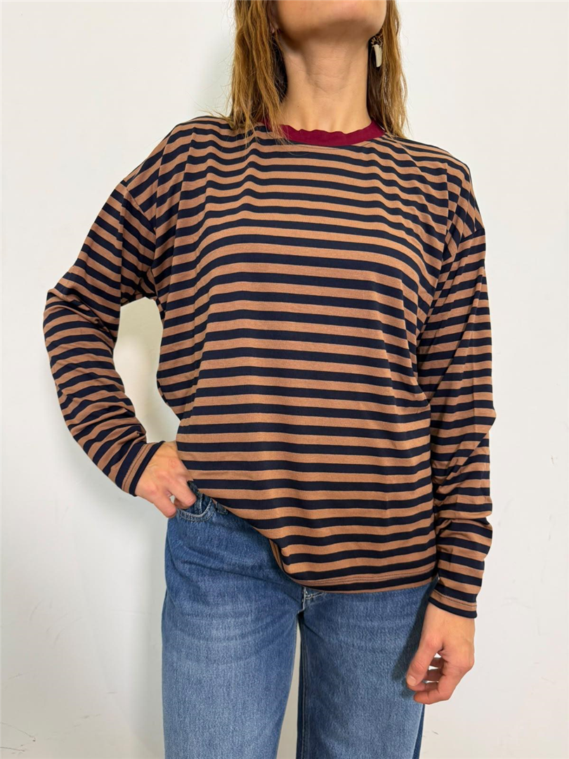 Maglia Scatola Collo Contrasto Rigata - Haveone cod. MXT_R198  color:bordeaux/navy/tabacco