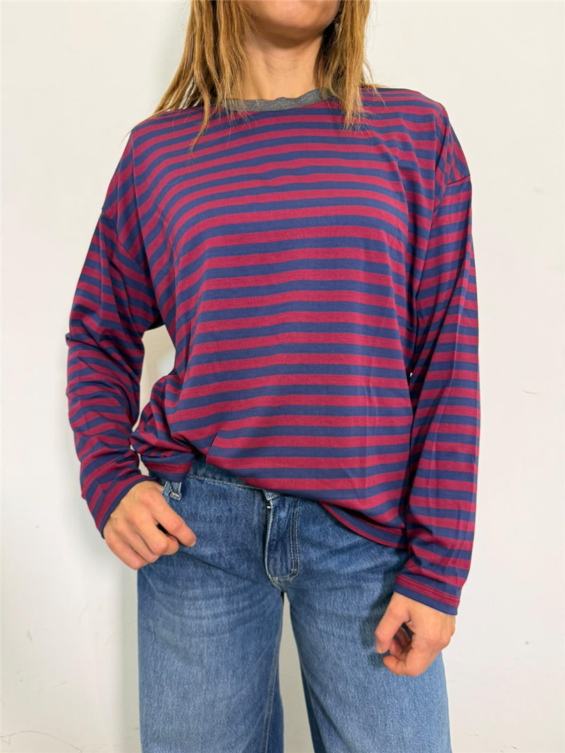 Maglia Scatola Collo Contrasto Rigata - Haveone cod. MXT_R198  color:grigio melange chiaro/blu/orchidea