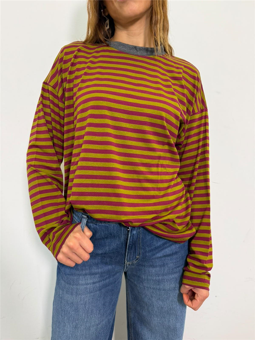 Maglia Scatola Collo Contrasto Rigata - Haveone cod. MXT_R198  color:grigio melange scuro/foglia/vino