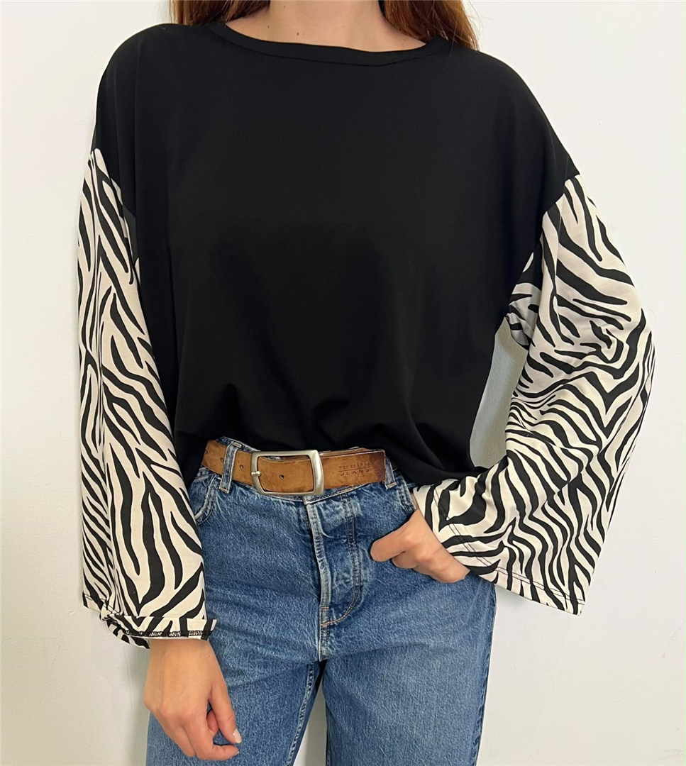 T Shirt Manica Lunga Campana Stampa Zebra - Haveone cod. TXT_R043  color:nero