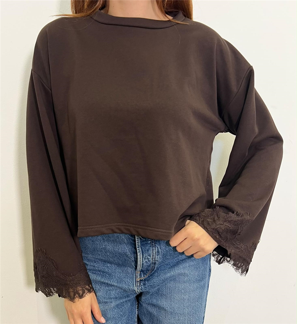 Maglia Girocollo Over Maniche Ampie Con Pizzo - Haveone cod. MMA_R278  color:cioccolato