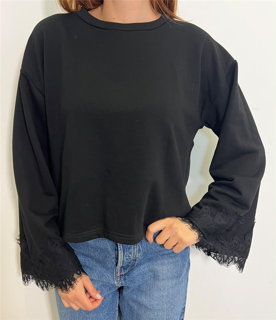 Maglia Girocollo Over Maniche Ampie Con Pizzo - Haveone cod. MMA_R278  color:nero