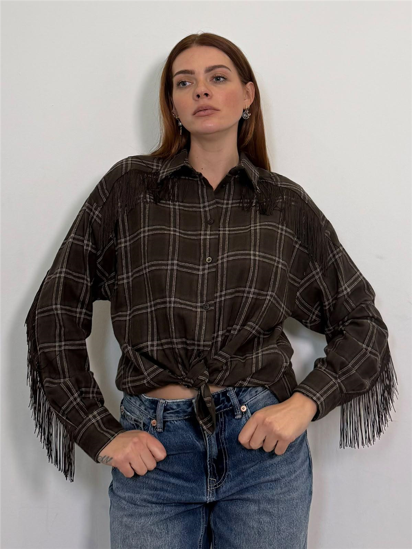 Blusa Ampia Con Frange Maniche Balloon E Fiocco - Imperial cod. C9990093W  color:marrone/nero