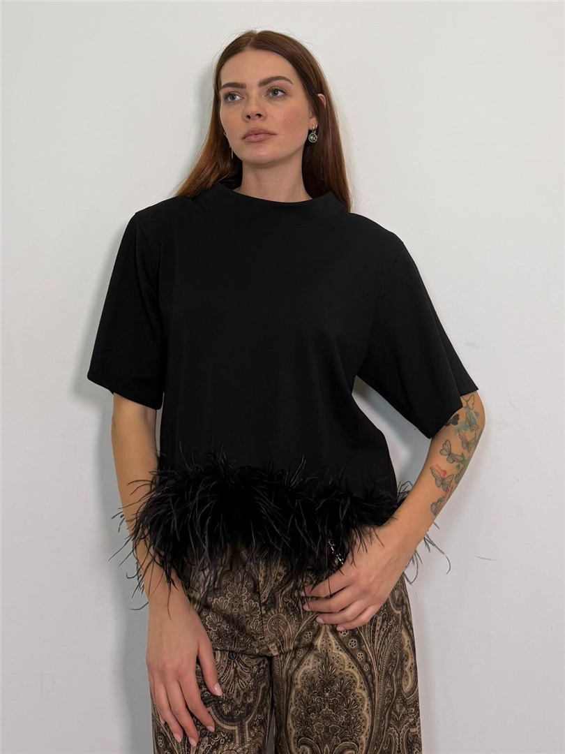 T Shirt Crop Con Bordatura Piume Decorative - Imperial cod. TAK7MHZ  color:nero