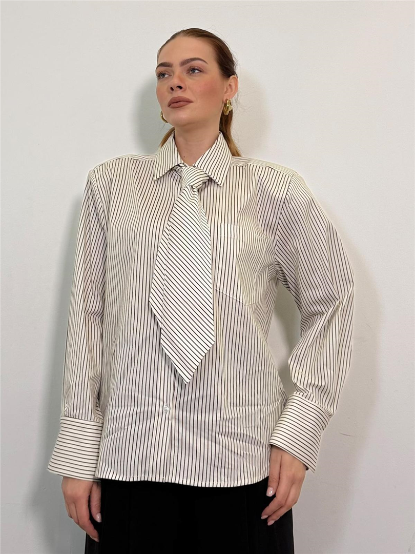 Camicia A Righe Con Cravatta E Spalline - Philia Loft cod. V03S0970  color:latte
