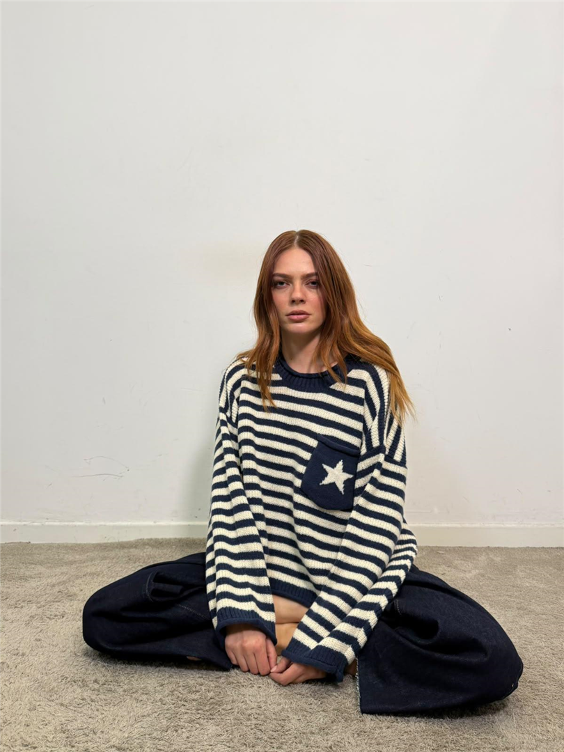 Maglia A Righe Con Stella Manica Ampia - Haveone cod. MSS_R265  color:navy