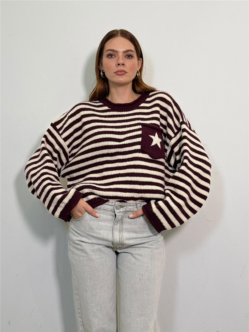 Maglia A Righe Con Stella Manica Ampia - Haveone cod. MSS_R265  color:bordeaux