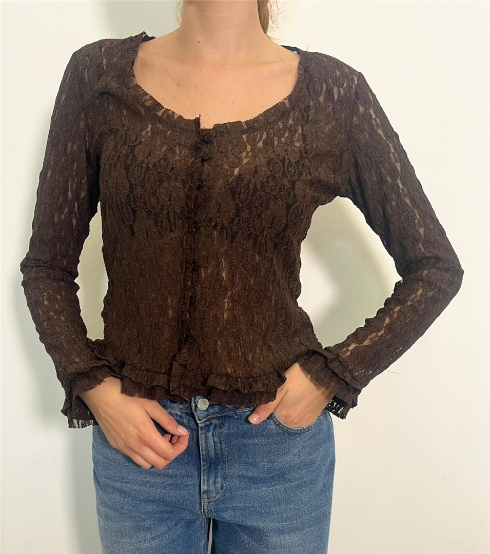 Cardigan In Pizzo Floreale Con Bottoni E Volant - Haveone cod. MSH_R269  color:moro
